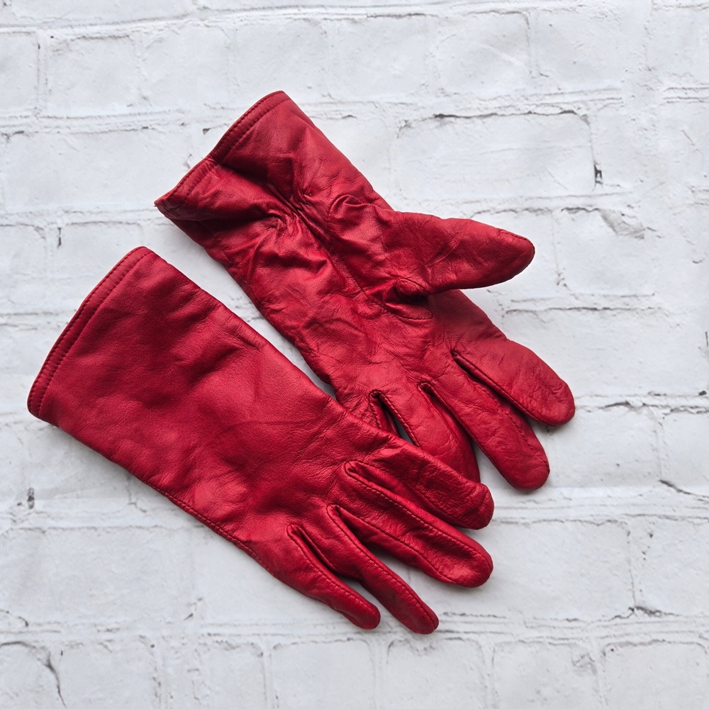 vintage Red Leather Gloves Women Fleece Lined Winter Driving Gloves